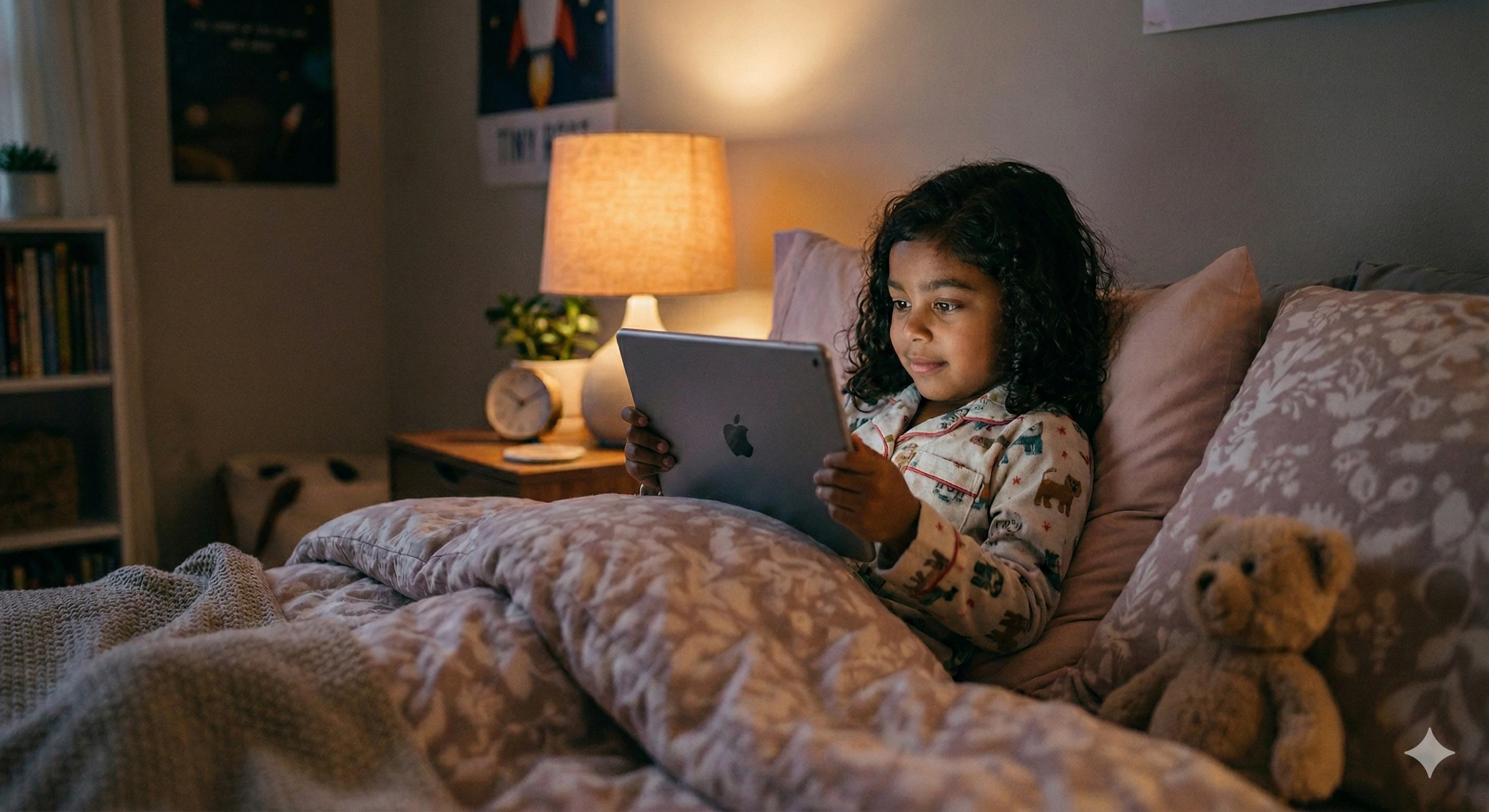 A child reading a storybook in bed at night